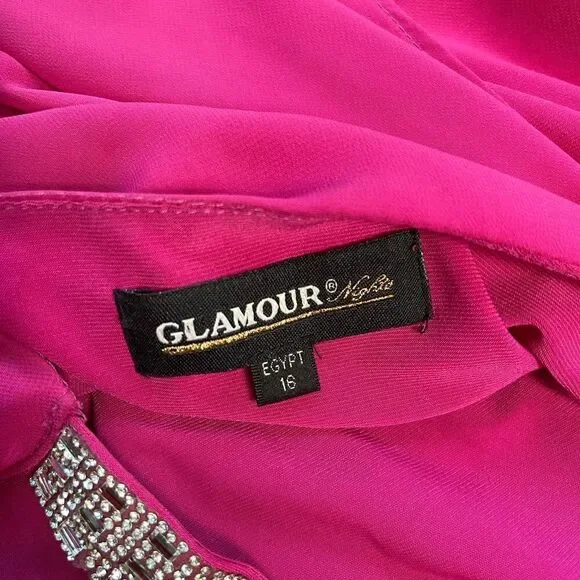 Glamour Hot pink polyester and spandex flowy sleeveless rhinestones accents SZ16 - Picture 10 of 12